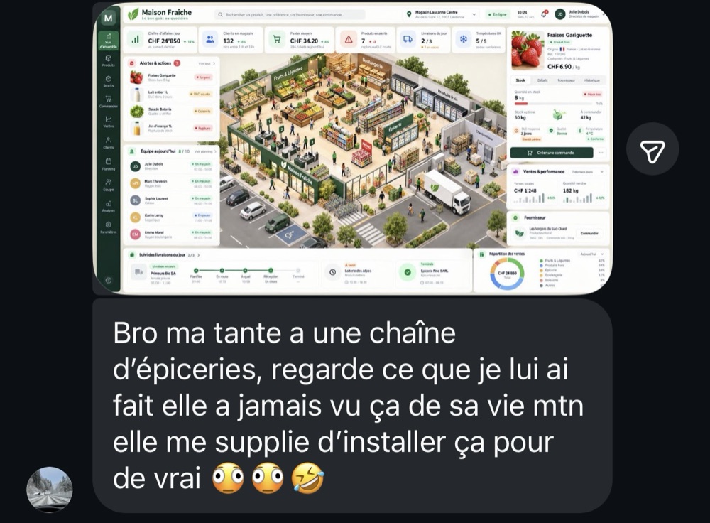 « Ma tante a une chaîne d’épiceries, regarde ce que je lui ai fait : elle me supplie d’installer ça pour de vrai »