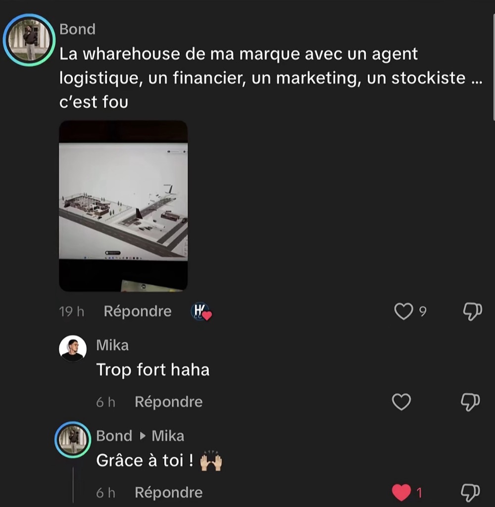 « La warehouse de ma marque avec un agent logistique, un financier, un marketing, un stockiste… c’est fou » — « Grâce à toi ! »
