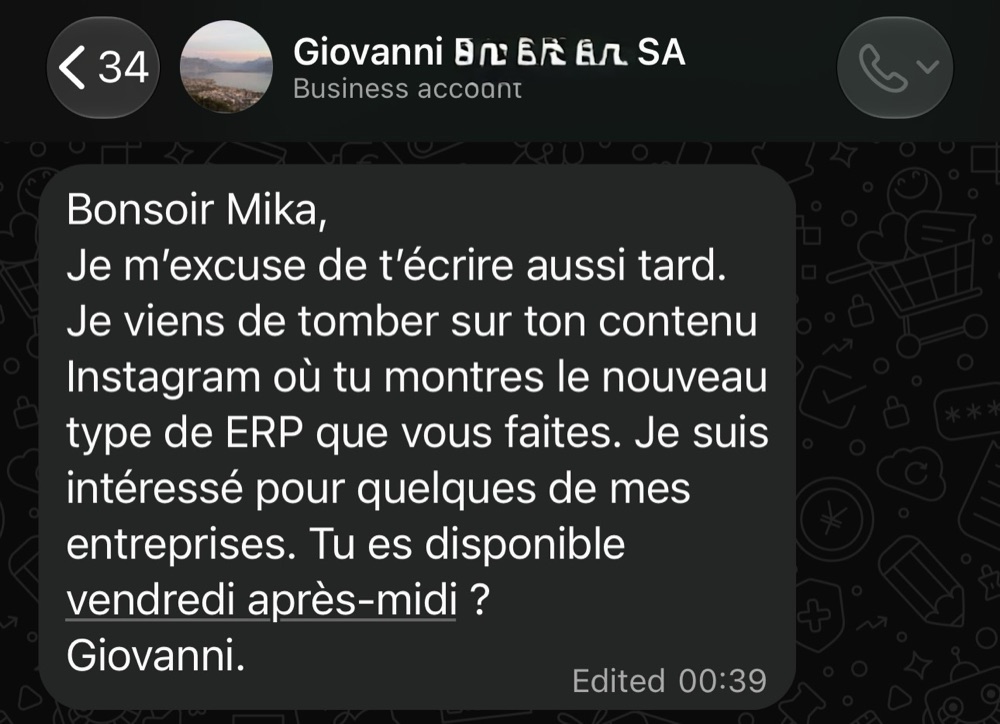 Message de Giovanni, dirigeant d’entreprise : intéressé par ce type d’ERP pour plusieurs de ses entreprises